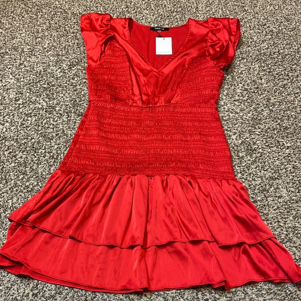 🆕 Sugarlips Red Satin Smocked Ruffle Dress